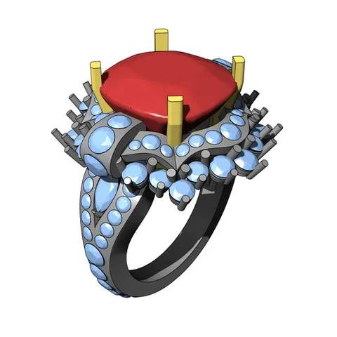 Modélisation 3D Rhino d'une bague pavée sertie de rubis