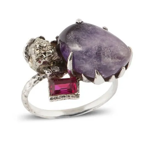 Bague Intuition en argent sertie d'une améthyste, d'un grenat et d'une pyrite