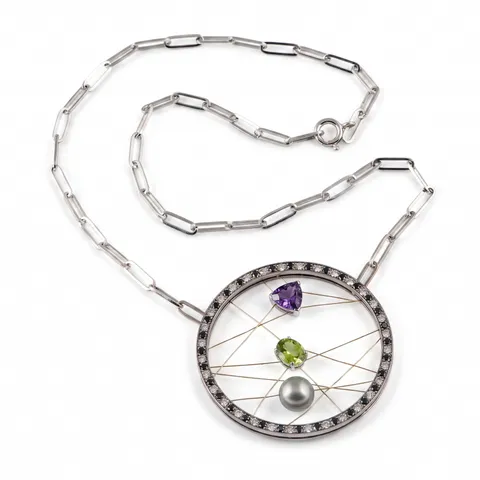 Pendentif Charlie en or blanc et jaune serti de diamants, péridot et améthyste